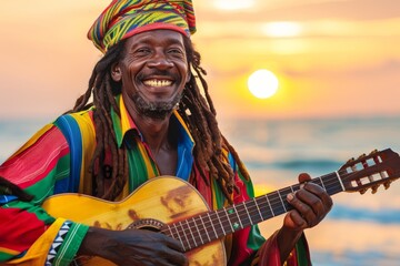A vibrant Rastafarian artist plays his guitar during a stunning sunset, depicting a scene of...