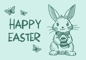 Obraz na płótnie Canvas happy easter card design with lettering bunny holding striped Easter egg butterflies hand drawn line art sketch detailed vector elements on light green background holiday decoration event invitation