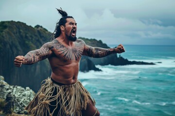 An intense scene featuring a Maori warrior with extensive tattoos performing the haka on a scenic cliff with turbulent sea backdrop