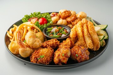 Golden and crispy fried seafood mixed with fries and fresh vegetables served with tangy dipping sauce