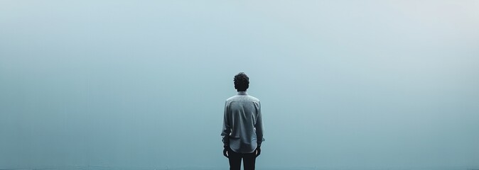 a man standing in the middle of a foggy field