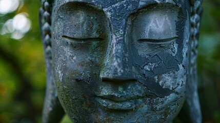 Fototapeta na wymiar a statue of a buddha head with eyes closed