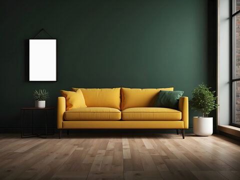 Rendering of a yellow sofa placed in an empty living room with a dark green wall background design.