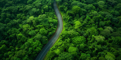 Aerial Curved Road through Forest 