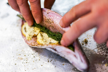 Preparing trouts with lemons butter and green dill. Chef's hands. 
