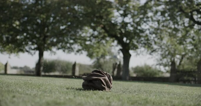 Horse running over leather bag in grass - slow motion