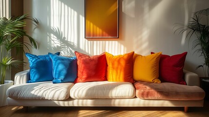 Colorful Pillows on Modern Sofa in Sunlit Living Room