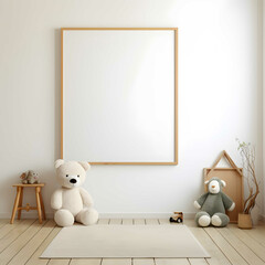 Stuffed animals and a blank frame mockup in a room with empty shelves, nursery room concept.