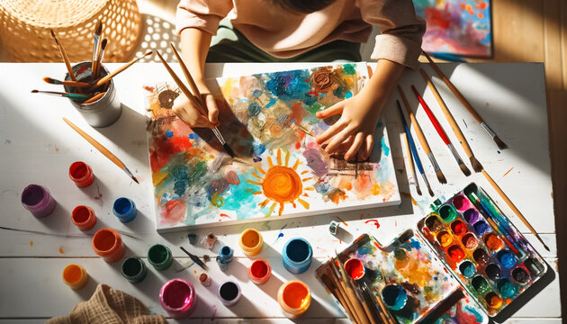 Young Artist Immersed in Sunlight and Colors of Creativity