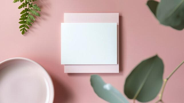 a white square card and a plant