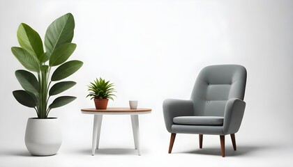 A gray modern armchair with wooden legs next to a large green potted plant with broad leaves against a white background. Black vintage armchair with metal legs next to a small red potted plant with th