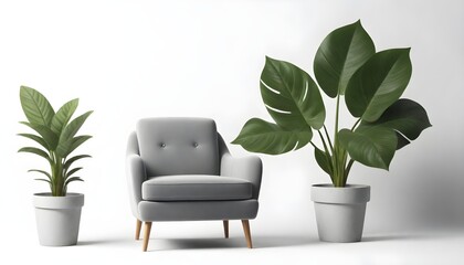 A gray modern armchair with wooden legs next to a large green potted plant with broad leaves against a white background. Black vintage armchair with metal legs next to a small red potted plant with th