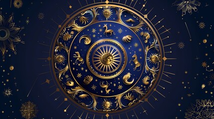 Fototapeta premium a blue and gold astrological clock surrounded by stars and sparkles on a dark background
