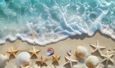 Fototapeta na wymiar Paradise island. Sea coast with white sand, shells and starfish
