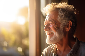 Happy elderly man in sunlight, radiant with joy, capturing a moment of pure contentment and warmth.