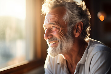 Happy elderly man in sunlight, radiant with joy, capturing a moment of pure contentment and warmth. - obrazy, fototapety, plakaty