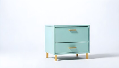 White modern two-drawer dresser with gold handles and legs against a plain light background