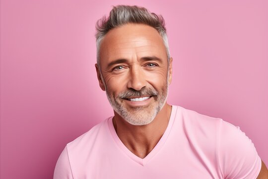 Portrait of smiling mature man in casual t-shirt, isolated over pink background