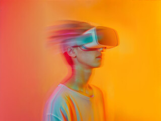 Man wearing a VR headset, in a vibrant orange room 