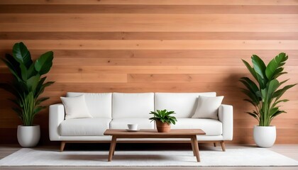 White sofa with cushions, Modern living room with two gray sofas wooden coffee table with books and a plant, and a textured wooden wall in a bright living room