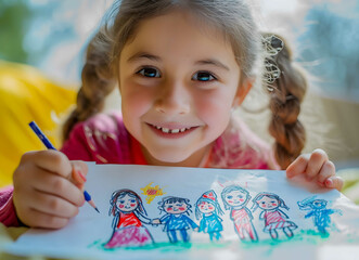 Cute child drawing a picture with colored felt-tip pens. Concept of education - obrazy, fototapety, plakaty