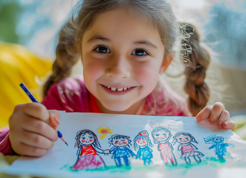 Cute child drawing a picture with colored felt-tip pens. Concept of education