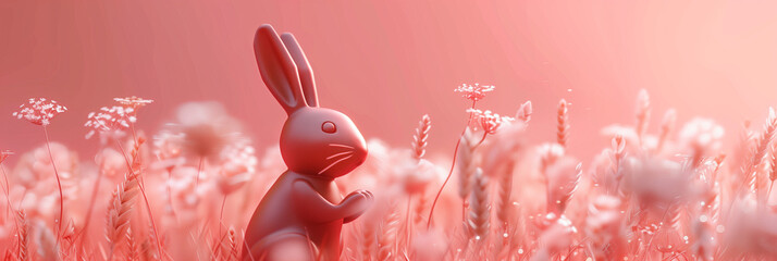 Easter Chocolate Bunny in a Spring Field of Flowers - obrazy, fototapety, plakaty