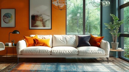 Modern Living Room Interior with Orange Accent Wall and Forest View
