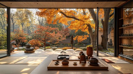 Traditional Japanese Tea Room Overlooking Autumn Garden - obrazy, fototapety, plakaty