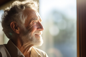 Joyous elderly man gazing out the window, sunlit optimistic expression, portrait of aging gracefully.