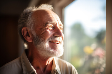 Senior man smiling warmly, indoor golden hour light, portrait of happiness and contented aging.