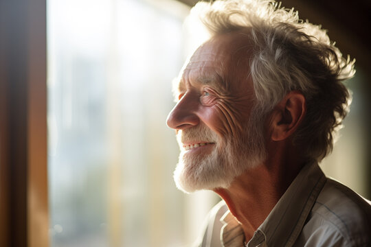 Joyous elderly man gazing out the window, sunlit optimistic expression, portrait of aging gracefully.