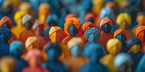 A group of colored wooden people standing in a row Team concept shown with multi color pawns closeup view. - obrazy, fototapety, plakaty