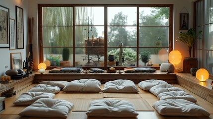 Tranquil Japanese Style Meditation Room with Tatami Mats and Floor Cushions