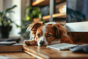 photography of a dog lying next to a computer in a home office, adding a sense of companionship and comfort to the workday

