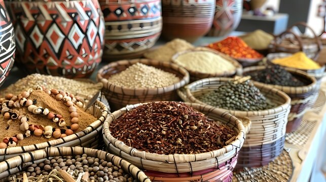 Market display featuring an array of spices and legumes in woven baskets, showcasing a rich tapestry of flavors and colors.