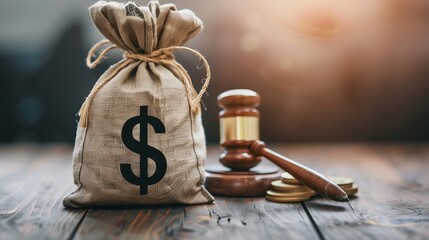 The concept of financial penalties for crimes and offenses is symbolized by a money bag and a judge's hammer, highlighting fines and penalizations - obrazy, fototapety, plakaty