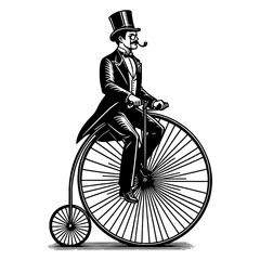 Naklejka premium old-fashioned gentleman on bicycle sketch PNG illustration with transparent background