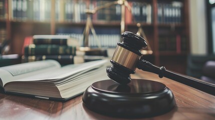 The concept of law, legal judgment, and the judicial system is illustrated through a judge's gavel resting on a law textbook in a lawyer's office - obrazy, fototapety, plakaty