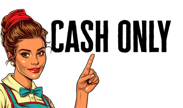 Young woman waitress points words cash only PNG illustration with transparent background