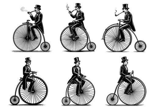 old-fashioned gentleman on bicycle sketch PNG illustration with transparent background