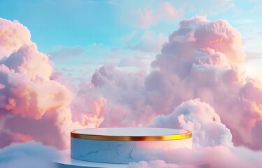 3D podium on pastel clouds background