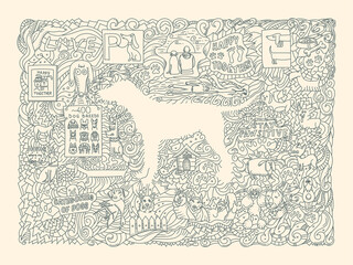 Monochrome doodle illustration on the dog theme for decoration, packaging and greeting cards