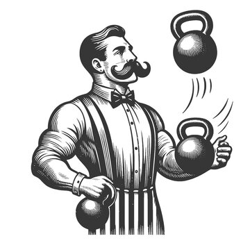 Circus strongman juggles kettlebells weight PNG illustration with transparent background