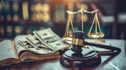 The conceptual image of a judge's gavel, scale of justice, dollars, and law book on a table illustrates financial legal consequences like bail and fraud - obrazy, fototapety, plakaty