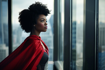 Black business woman with super hero cape in office looking out window - obrazy, fototapety, plakaty