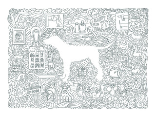 Black and white doodle illustration on the dog theme on the transparent background for decoration, packaging and greeting cards