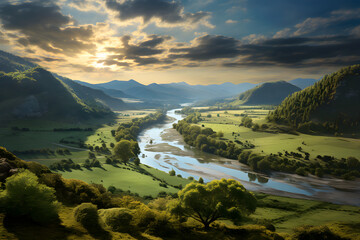Fototapeta na wymiar Golden Afternoon: A Serene Panorama of Lush Pastures, Rolling Hills, A Slow River and Velvet Skies