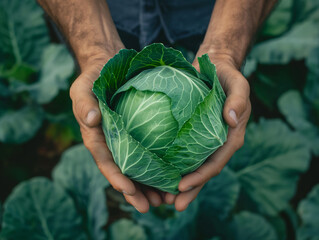 Farmer holding a freshly harvested green cabbage in his hands Cabbage harvest farming agriculture fresh organic healthy food vegetable farm farmer