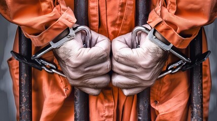 The dramatic scene of a prisoner's handcuffed hands behind bars in orange attire, filtered for a dramatic effect - obrazy, fototapety, plakaty